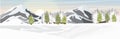 Mountains and spruce forest in the snow. Vector landscape of the Arctic, Antarctica, Greenland, Alaska or Canada